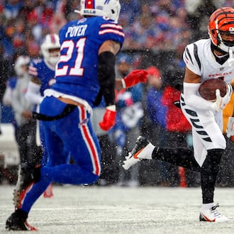 Cincinnati Bengals wide receiver Ja'Marr Chase, right, runs for a touchdown after a catch during an NFL divisional round playoff football game against the Buffalo Bills, Jan. 22, 2023, in Orchard Park, NY. (AP Photo/Matt Durisko, File)