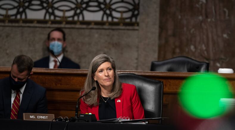 FILE -- Sen. Joni Ernst (R-Iowa) speaks during a Senate Armed Services Committee hearing in Washington on March 25, 2021. The support of Sen. Ernst, of a bill that would remove military commanders from a role in prosecuting service members for sexual assault, is likely to attract several other key lawmakers, whose combined support could usher in a fundamental change to the military's justice system. (Anna Moneymaker/The New York Times)