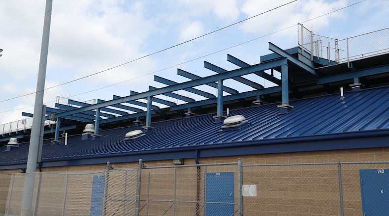 The two story press box, which used to sit at the top of the home beachers at Evans Stadium, has been completely removed. BILL LACKEY/STAFF