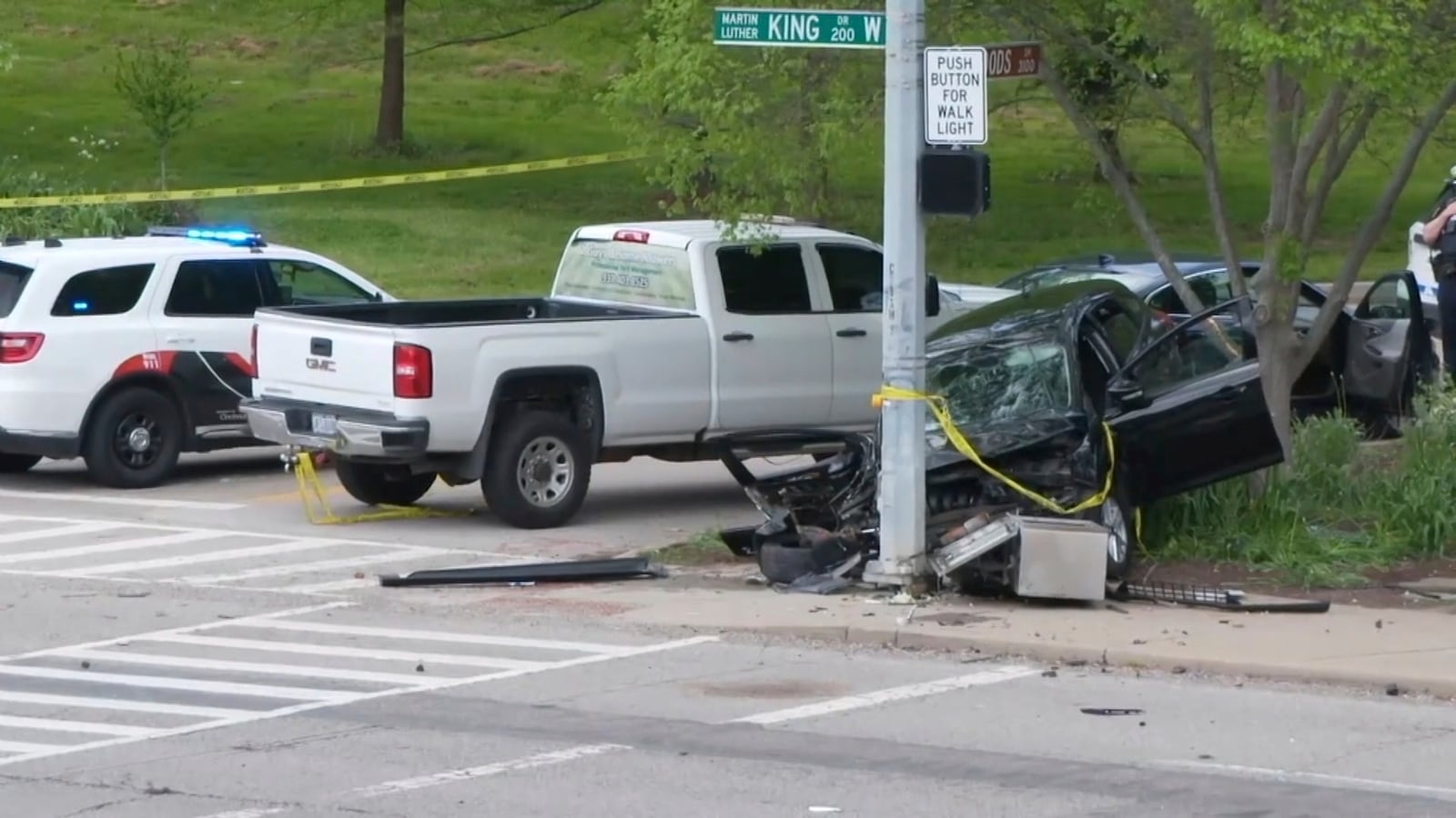 Police investigate the scene where a county deputy was struck and killed by a vehicle on Friday, May 2, 2025 in Cincinnati. (WCPO via AP)