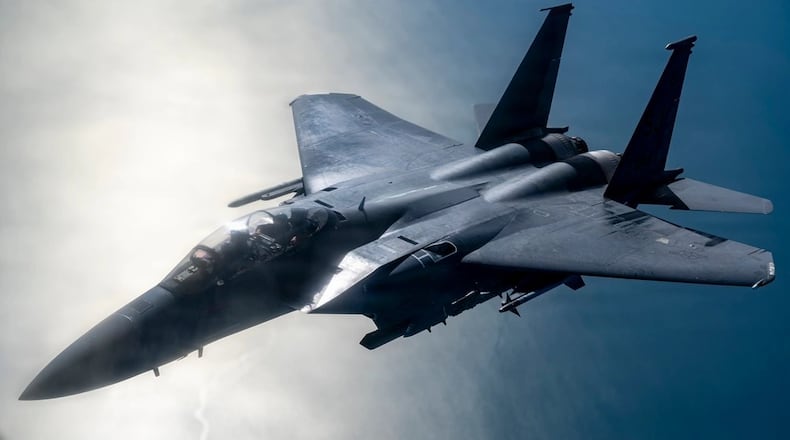 An F-15E Strike Eagle with the 4th Fighter Wing approaches a KC-135 Stratotanker from the 121st Air Refueling Wing to be refueled over the skies of North Carolina, Jan. 21, 2026. Air National Guard photo by Airman Samir Harris