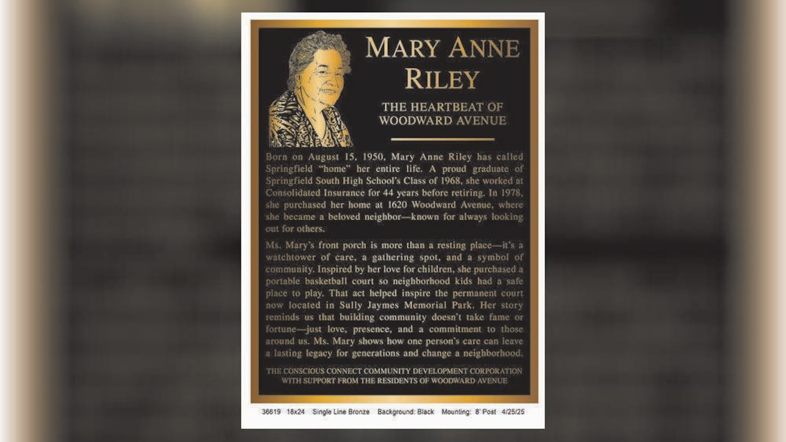 The Conscious Connect CDC placed a neighborhood marker on Aug. 9 for Mary Anne Riley on Woodward Avenue at the park across the street from her house. Contributed
