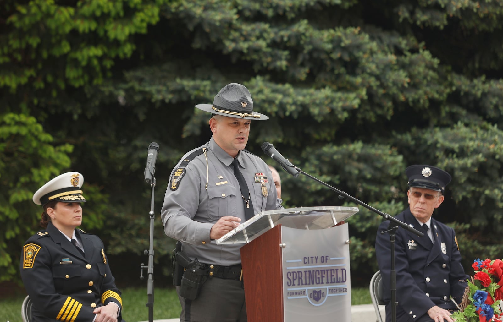 Ohio State Highway Patrol Lieutenant Shawn Cook speaks during Public Safety Forces Day on Friday, May 2, 2025, near the Clark County Public Safety Memorial. JOSEPH COOKE/STAFF