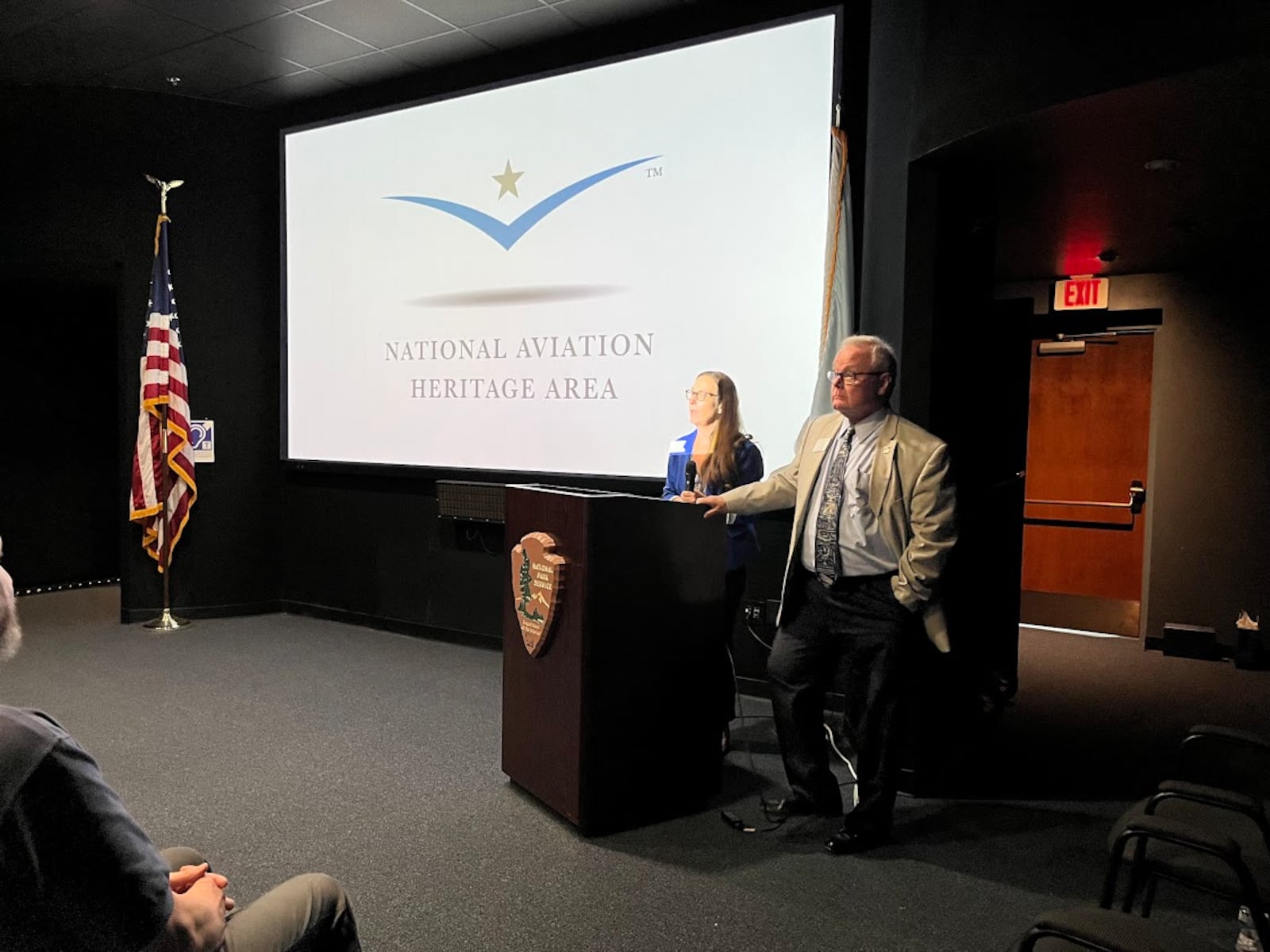 Mackensie Wittmer, executive director of the National Aviation Heritage Area (NAHA), and Mike Heil, NAHA chair, at NAHA's annual meeting, Tuesday Aug. 12, 2025. THOMAS GNAU/STAFF