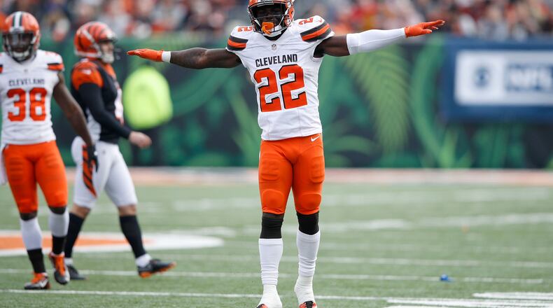 CINCINNATI, OH - NOVEMBER 25: Jabrill Peppers #22 of the Cleveland Browns celebrates a missed field goal by Cincinnati Bengals during the first quarte rat Paul Brown Stadium on November 25, 2018 in Cincinnati, Ohio. (Photo by Joe Robbins/Getty Images)