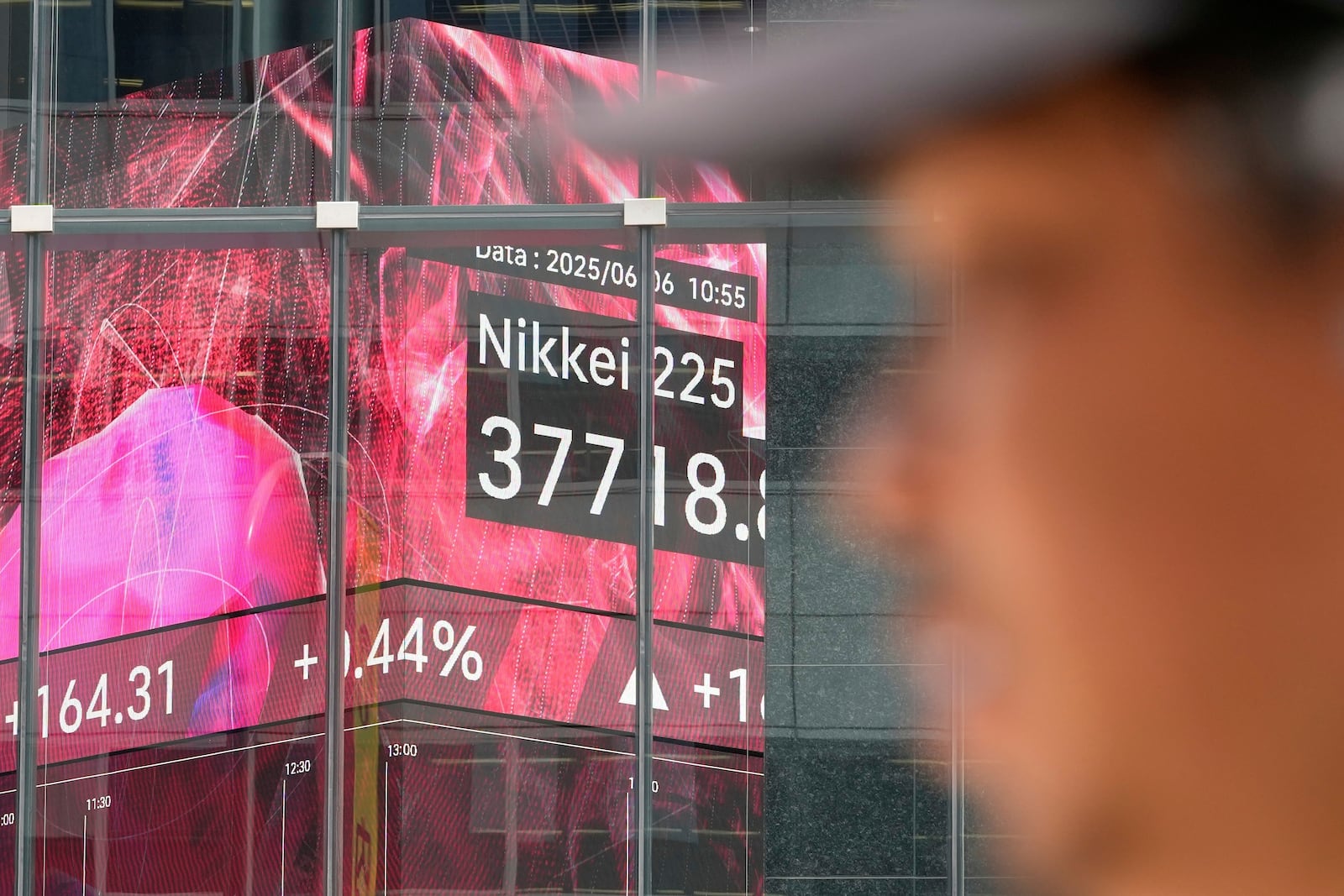 A person walks in front of an electronic stock board showing Japan's Nikkei index at a securities firm Friday, June 6, 2025, in Tokyo. (AP Photo/Eugene Hoshiko)