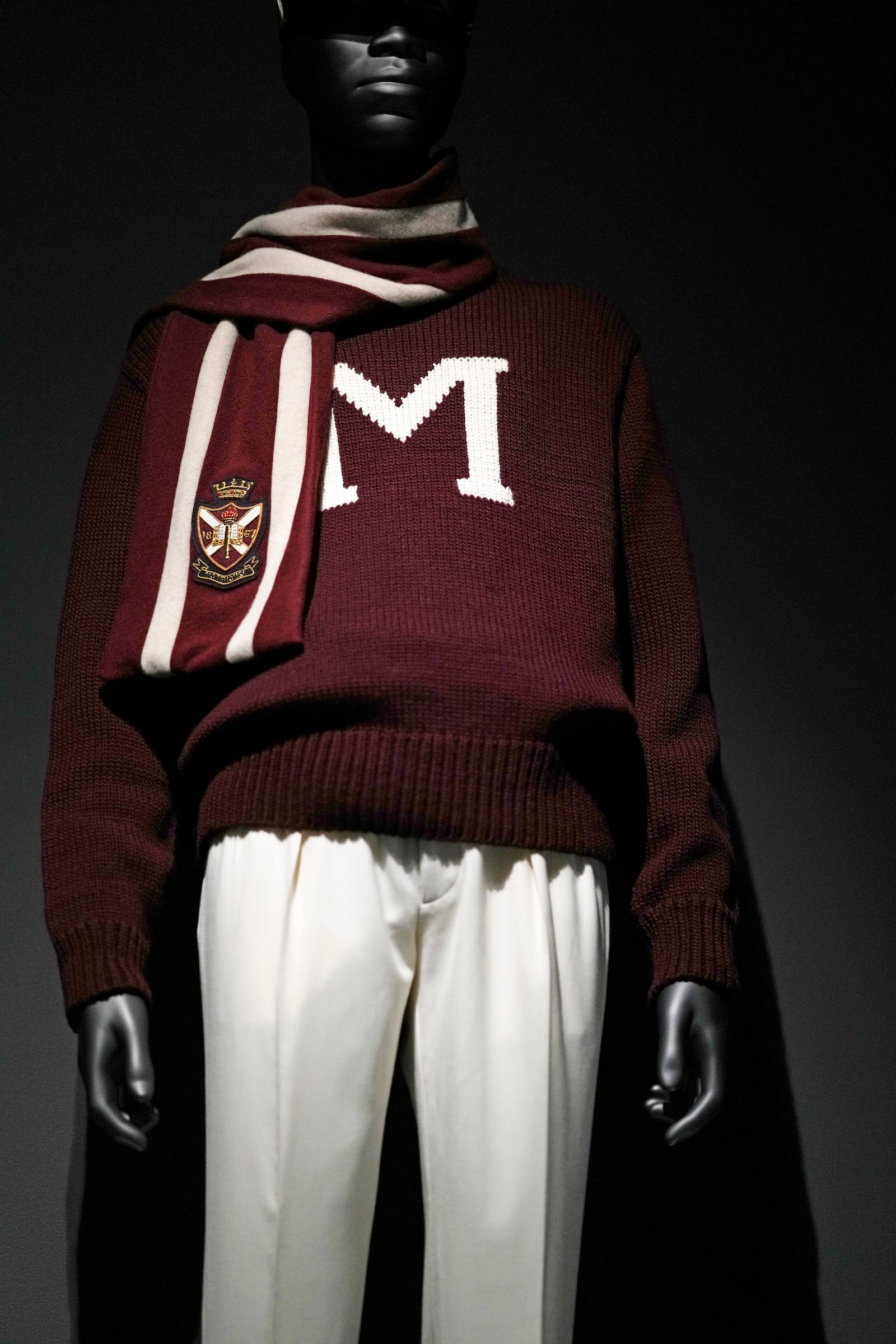 A Polo by Ralph Lauren design for Morehouse College is displayed at the Metropolitan Museum of Art's Costume Institute exhibition, "Superfine: Tailoring Black Style," on Saturday, May 3, 2025, in New York. (Photo by Charles Sykes/Invision/AP)