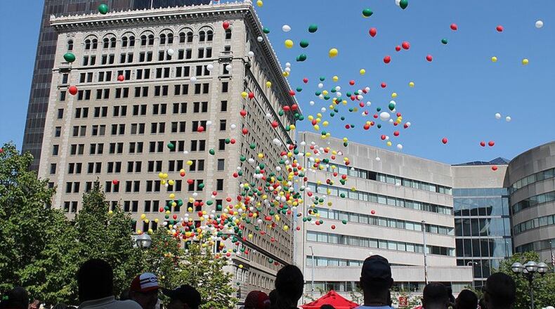 Thousands of balloons will be launched over Courthouse Square in Dayton again this Sunday at the annual Families of Addicts Rally 4 Recovery. Yellow balloons represent people in successful recovery, red are for those still struggling with addiction, white are to remember those that have died from addiction, and green are for those in mental health recovery. CONTRIBUTED/SHELBY LOGAN