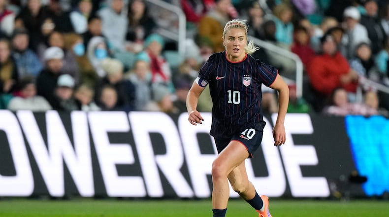 FILE - United States midfielder Lindsey Heaps kicks the ball during the second half of a women's international friendly soccer match against New Zealand, Wednesday, Oct. 29, 2025, in Kansas City, Mo. (AP Photo/Charlie Riedel, file)
