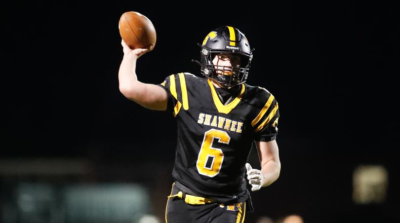 Shawnee quarterback Drew Mitch throws a pass against Mariemont on Saturday, Oct. 31, 2020, Photo by Michael Cooper