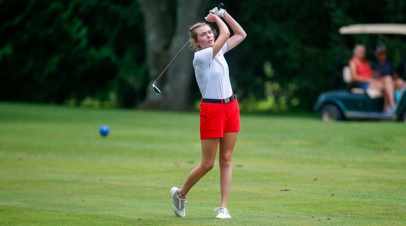 Southeastern High School senior Hope Manning tees off during a recent event on Aug. 4 at Locust Hills Golf Course in Springfield. CONTRIBUTED PHOTO BY MICHAEL COOPER