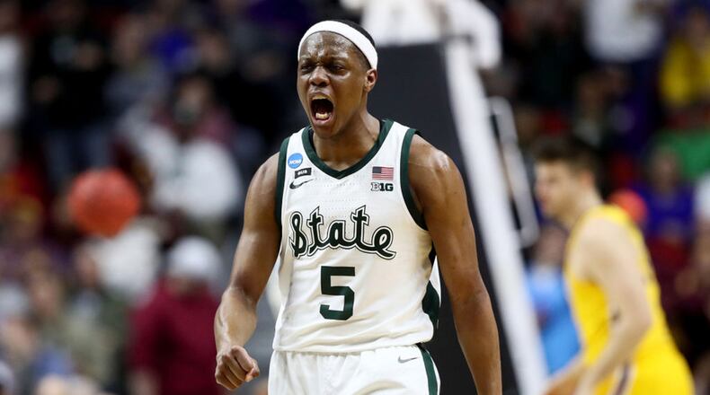 Cassius Winston #5 of the Michigan State Spartans celebrates a basket against the Minnesota Golden Gophers during the second half in the second round game of the 2019 NCAA Men’s Basketball Tournament at Wells Fargo Arena on March 23, 2019 in Des Moines, Iowa. (Jamie Squire/Getty Images/TNS) *FOR USE WITH THIS STORY ONLY*