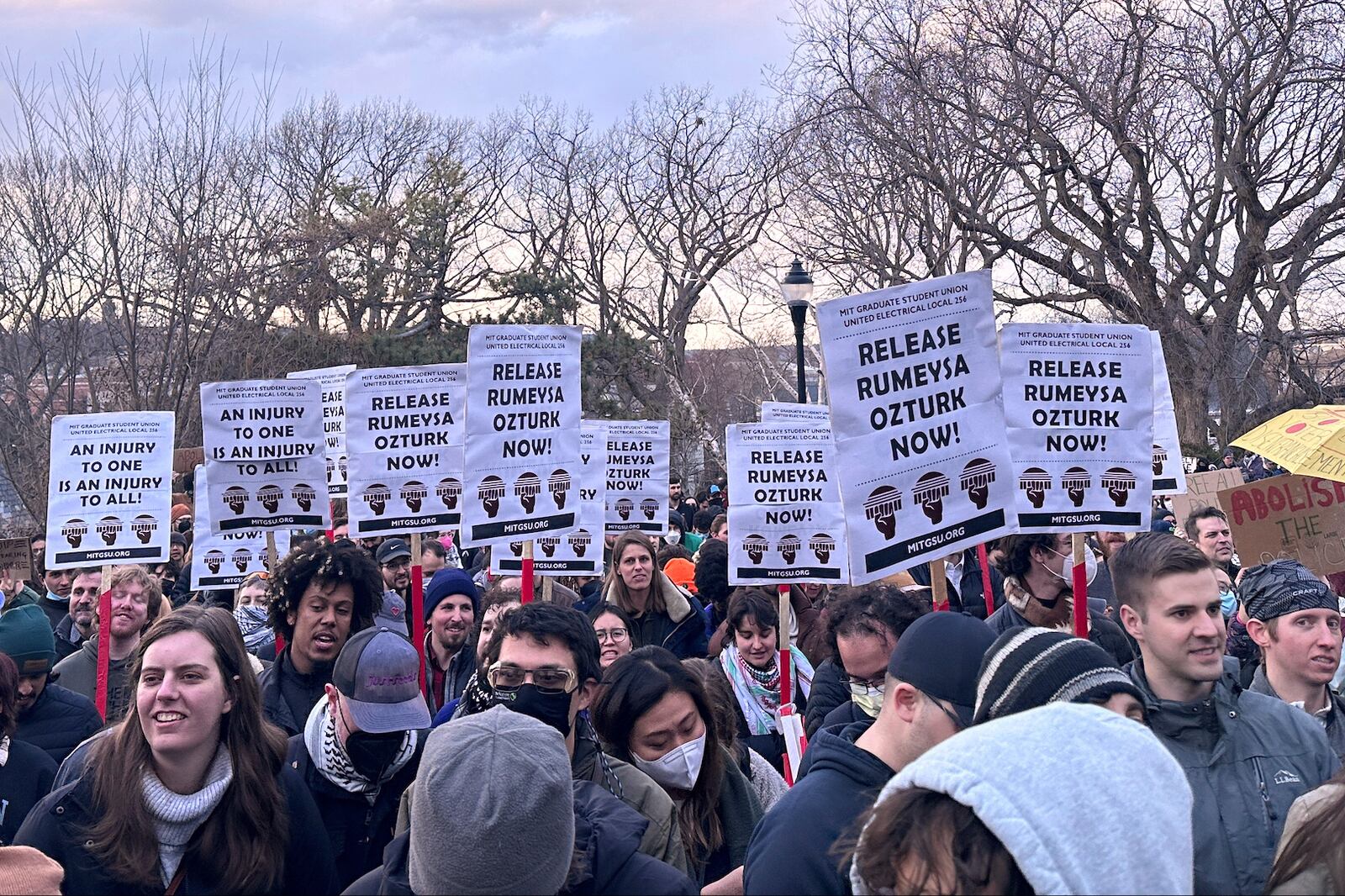 FILE - Hundreds of people gather in Somerville, Mass., on March 26, 2025, to demand the release of Rumeysa Ozturk, a Turkish student at Tufts University, who was arrested by federal agents Tuesday night. (AP Photo/Michael Casey, File)