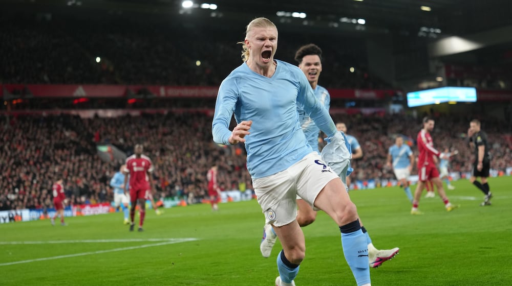 Manchester City's Erling Haaland celebrates after scoring uring the English Premier League soccer match between Liverpool and Manchester City in Liverpool, England, Sunday, Feb. 8, 2026. (AP Photo/Jon Super)