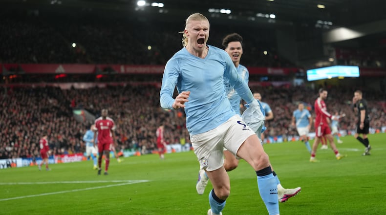 Manchester City's Erling Haaland celebrates after scoring uring the English Premier League soccer match between Liverpool and Manchester City in Liverpool, England, Sunday, Feb. 8, 2026. (AP Photo/Jon Super)