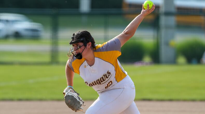 Kenton Ridge High School senior pitcher Kylie Ropp delivers the ball to the plate during their Division II regional semifinal game against Marengo Highland on Wednesday evening at Wright State University. The Cougars won 5-0. CONTRIBUTED PHOTO BY MICHAEL COOPER