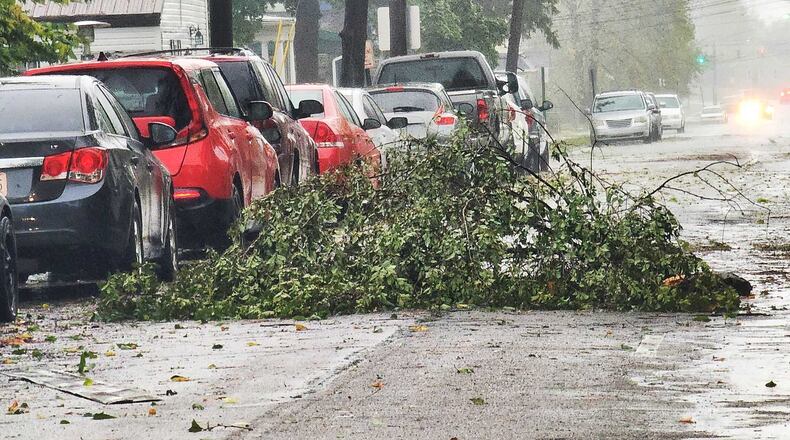 Tree branches block part of Yankee Road in Middletown after the remnants of Hurricane Helene brought high winds and heavy rain. NICK GRAHAM/STAFF