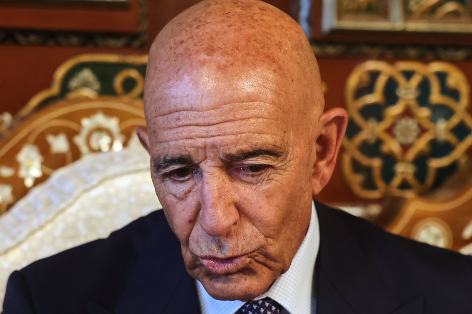 U.S. Ambassador to Turkey and Special Envoy to Syria Tom Barrack speaks during an interview with The Associated Press at the airport in Damascus, Syria, Wednesday, July 9, 2025. (AP Photo/Ghaith Alsayed)