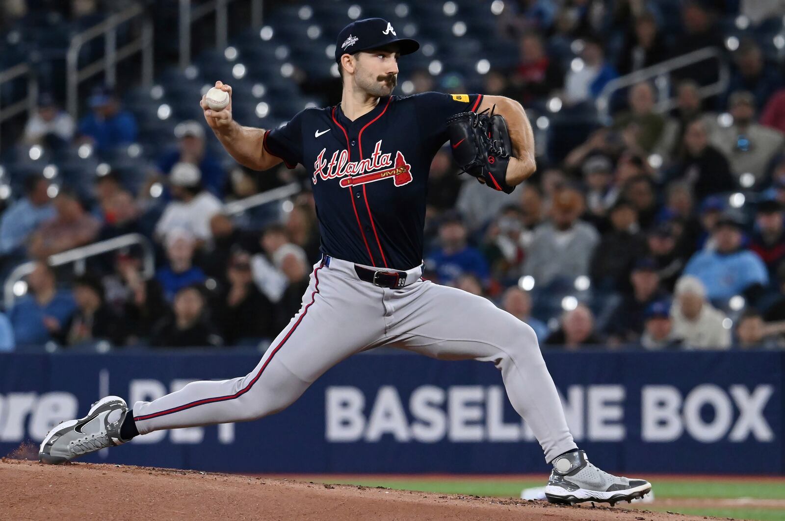 Atlanta Braves starting pitcher Spencer Strider (99) throws to a Toronto Blue Jays batter in the first inning of an interleague baseball game in Toronto, Wednesday, April 16, 2025. (Jon Blacker/The Canadian Press via AP)