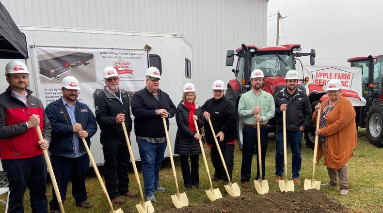 Some of those in attendance at Tuesday’s groundbreaking of Apple Farm Service Inc. in West College Corner were members of the Apple family, with current Present and CEO Bill Apple; Alex Noctin from Bath State Bank and Melissa Browning. CONTRIBUTED