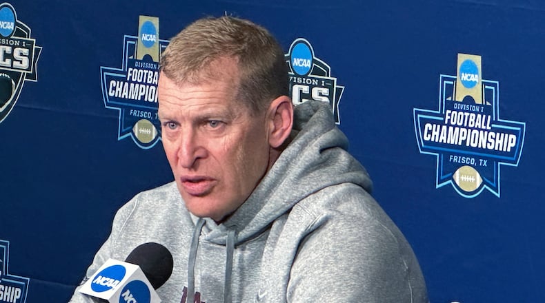 FILE - Montana coach Bobby Hauck talks Friday, Jan. 5, 2024, about the team's NCAA Football Championship Subdivision title game against top-rated South Dakota State in Frisco, Texas. (AP Photo/Stephen Hawkins,File)