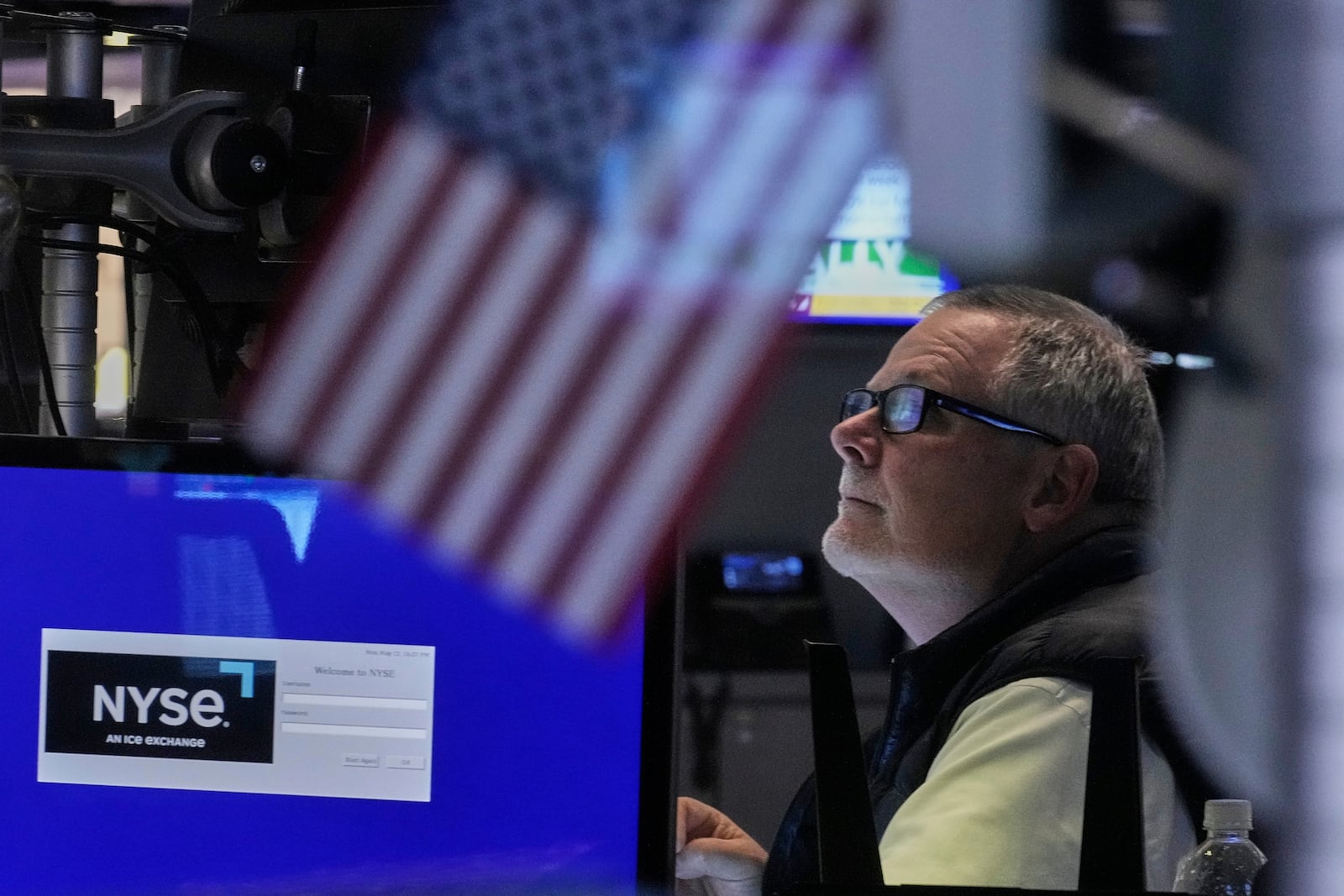 Trader Michael Conlon works on the floor of the New York Stock Exchange, Monday, May 12, 2025. (AP Photo/Richard Drew)
