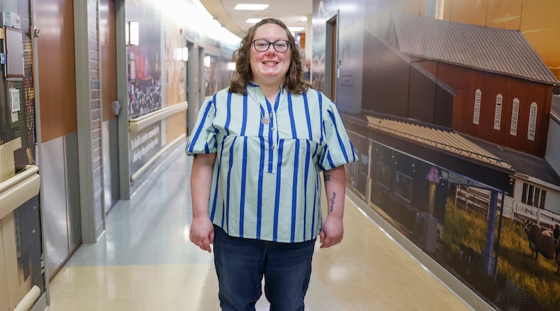 Mallory Prince poses for a photo on Wednesday, November 19, 2025, at Mercy Health Springfield. The clinical team at the hospital treated her after she had a stroke. JOSEPH COOKE/STAFF