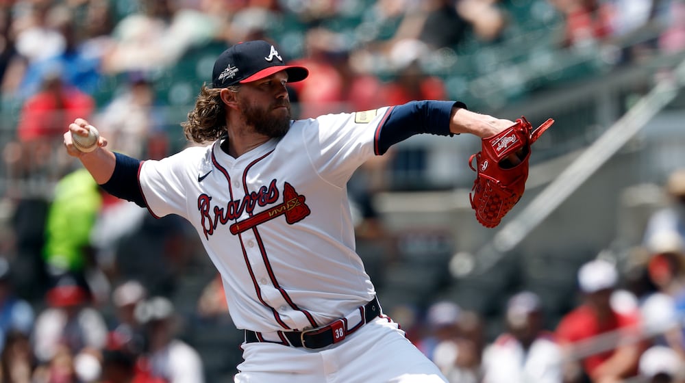 Atlanta Braves pitcher Pierce Johnson throws during the eighth inning of a baseball game against the Baltimore Orioles, Sunday, July 6, 2025, in Atlanta. (AP Photo/Butch Dill)