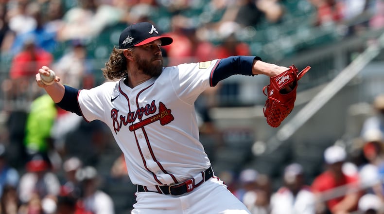 Atlanta Braves pitcher Pierce Johnson throws during the eighth inning of a baseball game against the Baltimore Orioles, Sunday, July 6, 2025, in Atlanta. (AP Photo/Butch Dill)