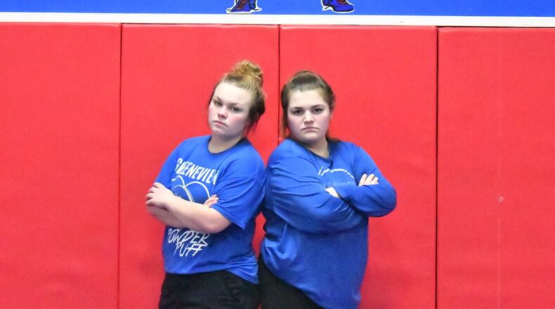 Greeneview High School wrestlers Ellie Harlow (left) and Karlie Harlow will compete in the first all-girls Ohio state wrestling championships this weekend in Hilliard. Ellie is ranked No. 1 in the 170-pound weight class and Karlis is No. 2 at 189. Greg Billing / Contributed