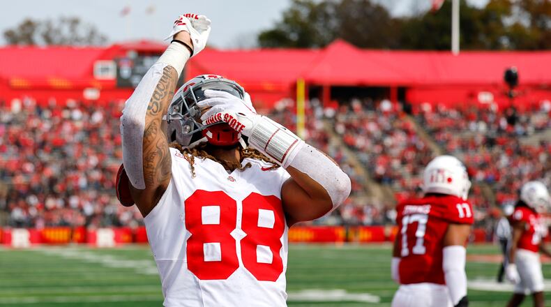 Ohio State tight end Gee Scott Jr. (88) reacts after scoring a touchdown against Rutgers during the first half of a NCAA college football game, Saturday, Nov. 4, 2023, in Piscataway, N.J. (AP Photo/Noah K. Murray)