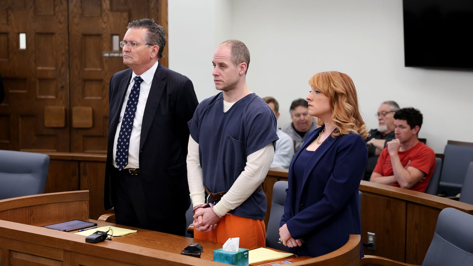 Caleb Flynn appears in Miami County Common Pleas Court Monday, March 30, 2026. Flynn, flanked by his attorneys L. Patrick Mulligan and Emily Smith, is charged with aggravated murder in the death of his wife, 37-year-old Ashley Flynn who was shot to death in their Tipp City home in February. (Matthew Symons for Fox News Digital, via Pool)