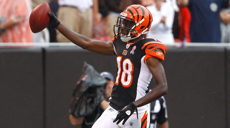 CLEVELAND, OH - SEPTEMBER 11: Wide receiver A.J. Green #18 of the Cincinnati Bengals scores a touchdown against the Cleveland Browns at Cleveland Browns Stadium on September 11, 2011 in Cleveland, Ohio. (Photo by Matt Sullivan/Getty Images)