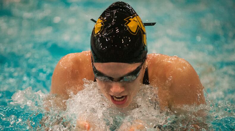 OHIO PRESS PHOTO SYSTEM SPECIAL TO THE SPRINGFIELD NEWS-Kendra Crew of Shawnee High School swims the second leg during the Girl's 100-yard Breaststroke event at the Ohio High School Div. 2 Swimming Championships in Canton, Friday, Feb. 22, 2013. Crew placed second in the event. (PHIL LONG/OHIO PRESS PHOTO SYSTEM)