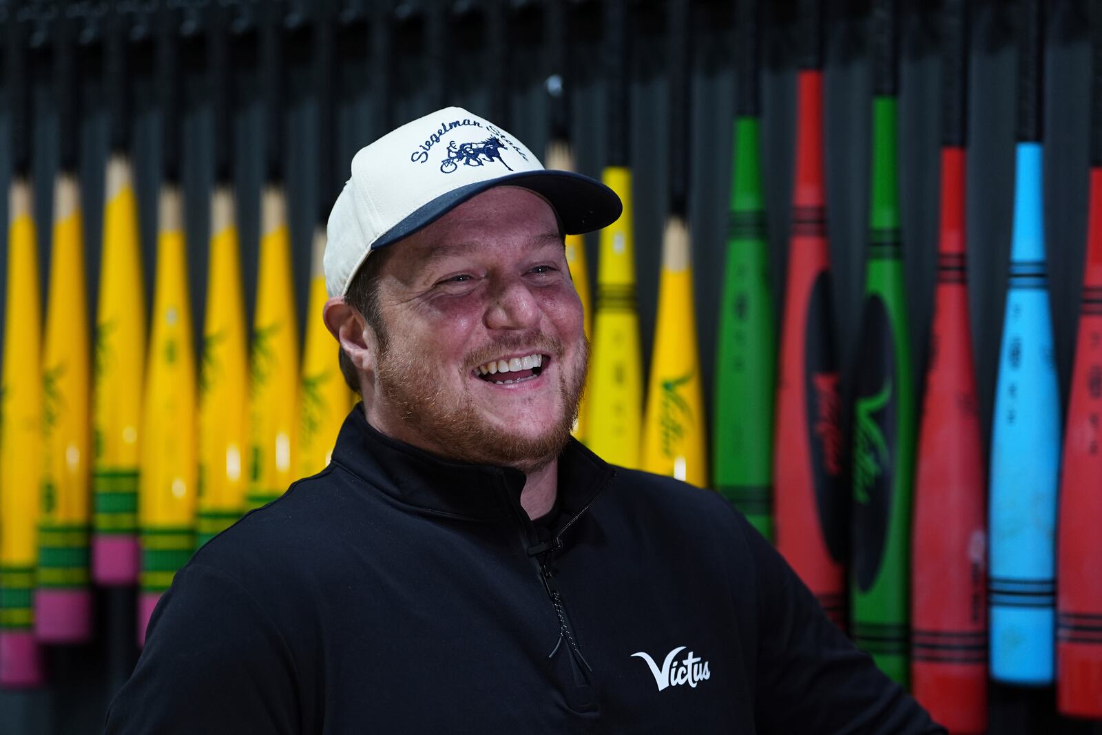 Jared Smith speaks about torpedo baseball bats during an interview at Victus Sports in King of Prussia, Pa., Wednesday, April 2, 2025. (AP Photo/Matt Rourke)