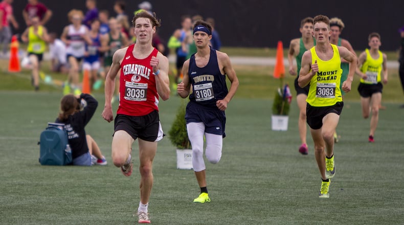 Cedarville senior Caleb Sultan kicks to the finish line to place eighth in the Division III state championship race Saturday at Fortress Obetz. CONTRIBUTED/Jeff Gilbert