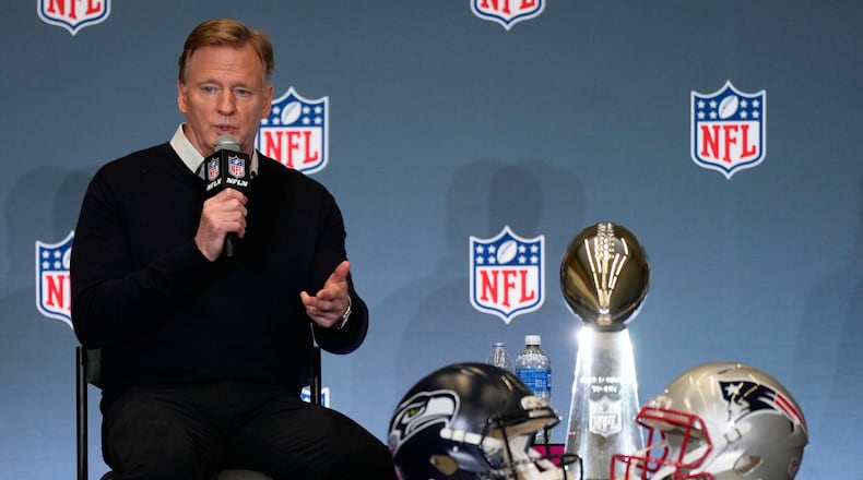 NFL commissioner Roger Goodell speaks during his state of the NFL news conference on Monday, Feb. 2, 2026, in San Jose, Calif., ahead of the Super Bowl 60 football game between the Seattle Seahawks and the New England Patriots. (AP Photo/Matt York)
