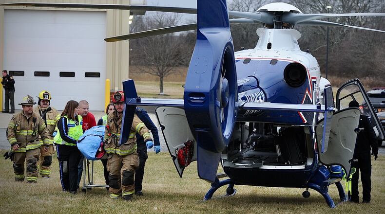 A man who was stabbed by a member of his family was transported to a medical helicopter at the Hustead Fire Department Thursday, Jan. 5, 2023. MARSHALL GORBY \STAFF
