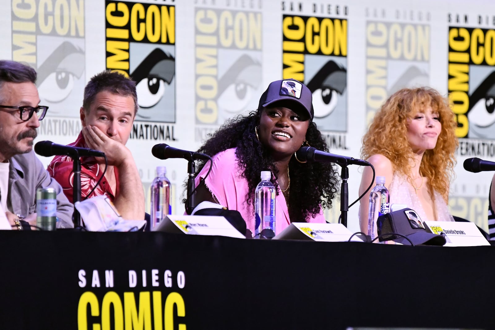Marc Maron, from left, Sam Rockwell, Danielle Brooks, and Natasha Lyonne attend a panel for "The Bad Guys 2" during Comic-Con International on Saturday, July 26, 2025, in San Diego. (Photo by Richard Shotwell/Invision/AP)