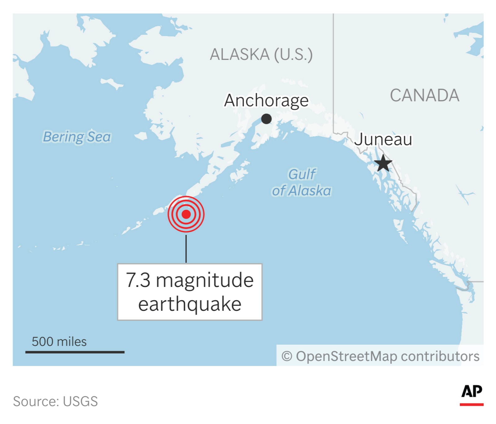 A strong earthquake Wednesday off the Alaska coast triggered a tsunami warning. (AP Graphic)