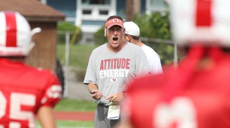 Wittenberg’s Joe Fincham coaches at practice on Wednesday, Sept. 12, 2018, at Edwards-Maurer Field in Springfield. David Jablonski/Staff