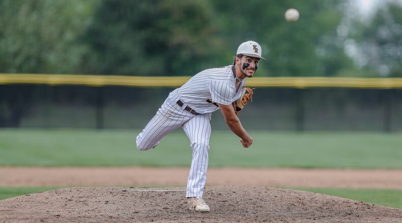 Kenton Ridge High School junior Zach Deel delivers the ball to the plate during their Division II district semifinal game against Bellefontaine on Tuesday at Tom Randall Field. Deel allowed one hit as the Cougars won 10-0 in five innings. Michael Cooper/CONTRIBUTED