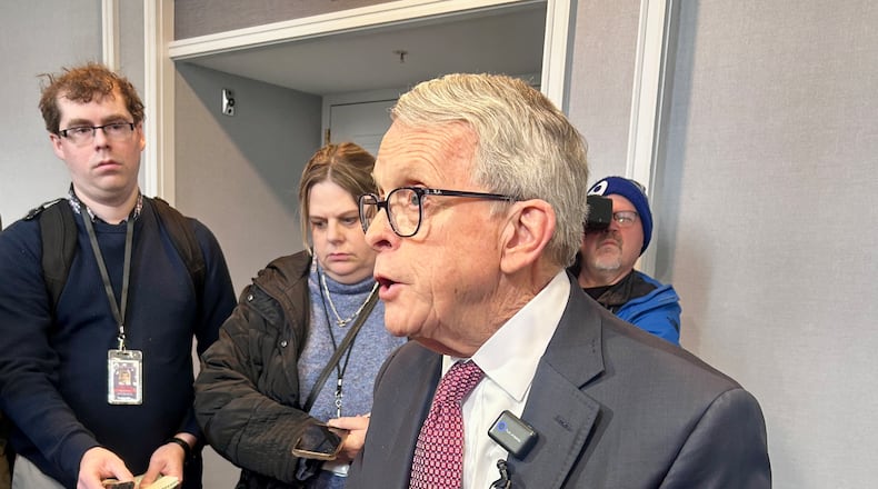Ohio Gov. Mike DeWine addresses reporters in Columbus on Feb. 5, 2026. AVERY KREEMER / STAFF