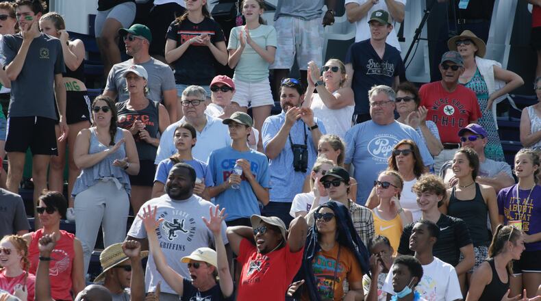 Fans cheer at the Division II state track meet at Pickerington North High School on Saturday, June 5, 2021. David Jablonski/Staff
