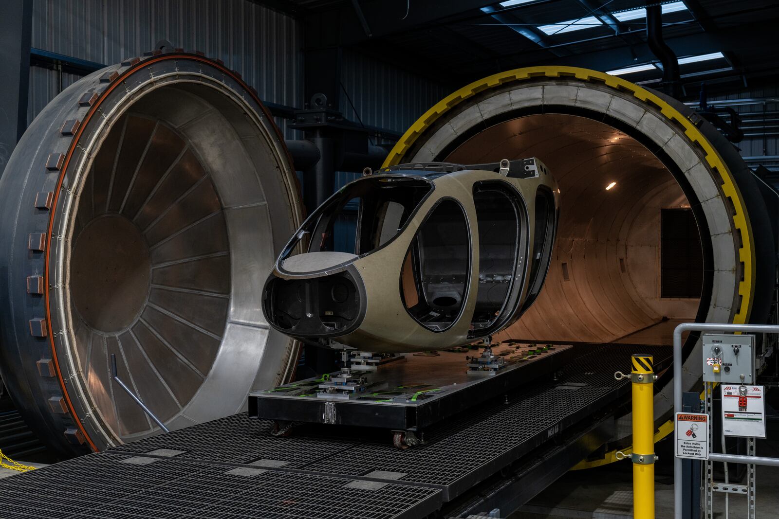 A Joby Aviation Inc. aircraft fuselage within an autoclave at the company's California facility. Contributed.