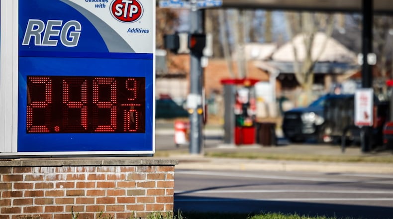 Dayton area gas prices have fallen for 11 consecutive weeks. The Marathon in New Lebanon is selling gas for $2.49 a gallon. JIM NOELKER/STAFF