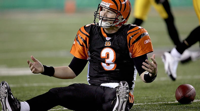 CINCINNATI - JANUARY 8: Jon Kitna #3 of the Cincinnati Bengals questions a call during the second half of the AFC Wild Card Playoff Game against the Pittsburgh Steelers at Paul Brown Stadium on January 8, 2006 in Cincinnati, Ohio. (Photo by Jonathan Daniel/Getty Images)