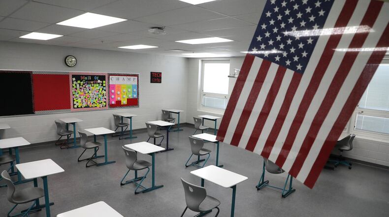 A classroom at Hayward Middle School set up for the new school year with social distancing. BILL LACKEY/STAFF