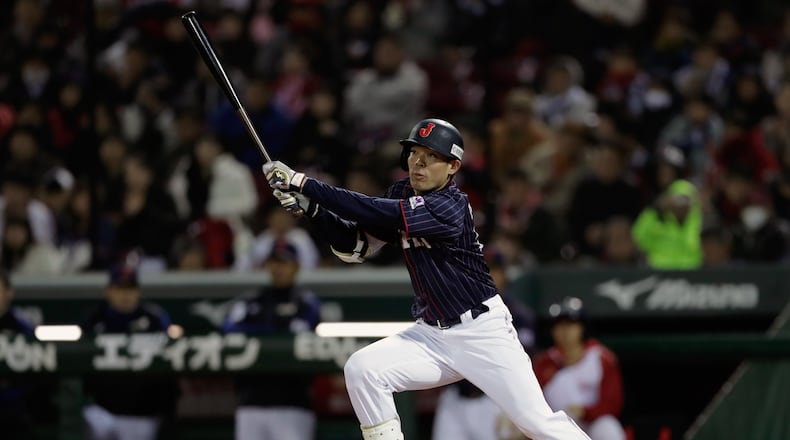 HIROSHIMA, JAPAN - NOVEMBER 13: Outfielder Shogo Akiyama #55 of Japan hits an inside-the-park home run in the top of 8th inning during the game four between Japan and MLB All Stars at Mazda Zoom Zoom Stadium Hiroshima on November 13, 2018 in Hiroshima, Japan. (Photo by Kiyoshi Ota/Getty Images)