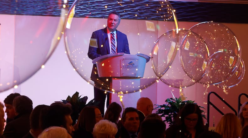 Mike McDorman, president and CEO of the Greater Springfield Partnership, speaks during the Partnership's annual meeting Thursday, Feb. 22, 2024. at the Hollenbeck Bayley Creative Arts & Conference Center. BILL LACKEY/STAFF